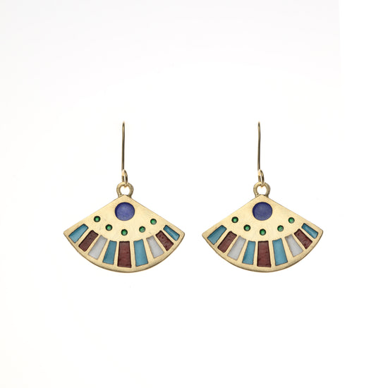 Enamel fan earrings with gold