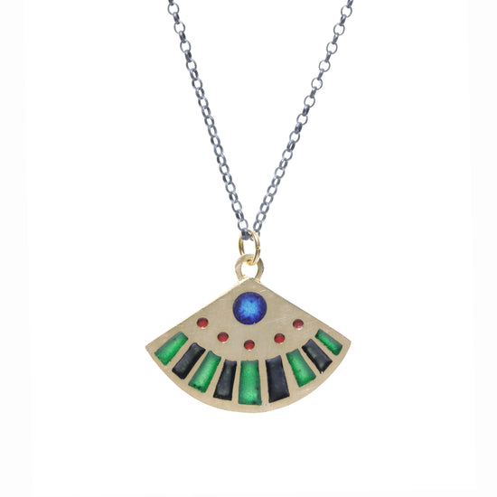 Enamel fan necklace with gold